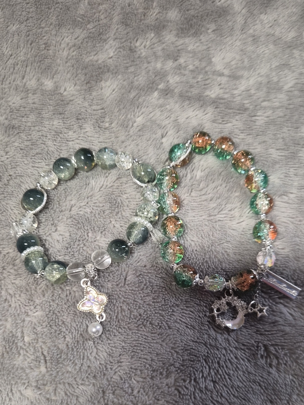 Handmade Green and Gold Beaded Charm Bracelet Set